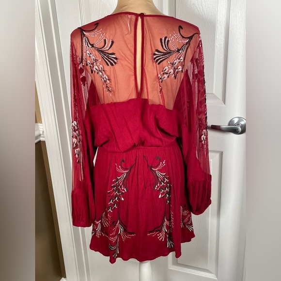 Free People Bonjour Floral Red Embroidered Long Sleeve Mini Dress XS - Picture 12 of 15